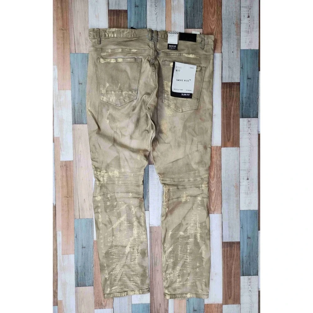 NWT Smoke Rise Gold Metallic‎ 5 Pocket Distressed Slim Fit Jeans Size 38x32